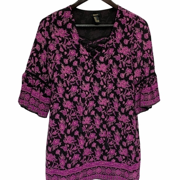 forever 21 Lined Boho Mini Dress Bell Sleeve Floral Purple Size S - Picture 2 of 7